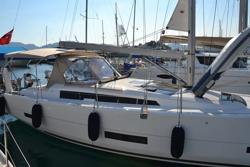 Exterior view of Cordelia, a Dufour 390 Grand Large sailboat at Marmaris, Turkey