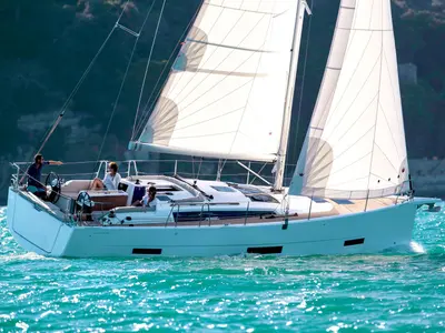 Exterior view of Cordelia, a Dufour 390 Grand Large sailboat at Marmaris, Turkey