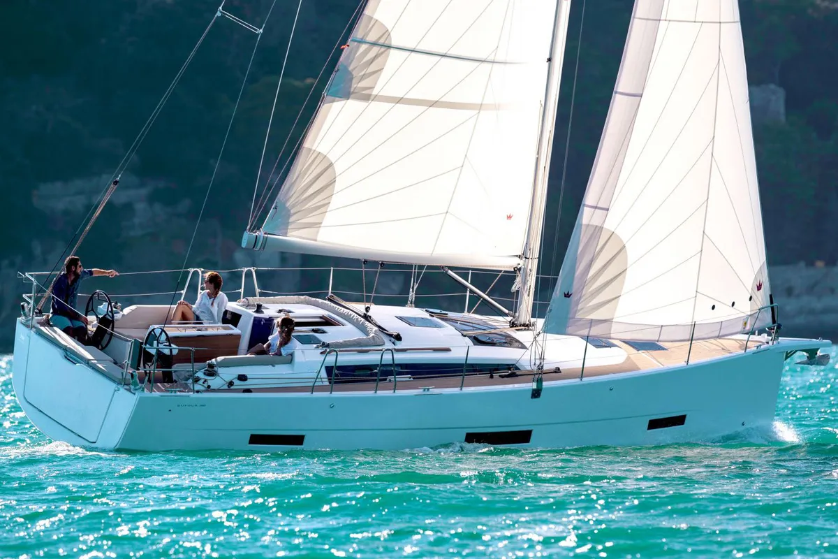 Exterior view of Cordelia, a Dufour 390 Grand Large sailboat at Marmaris, Turkey