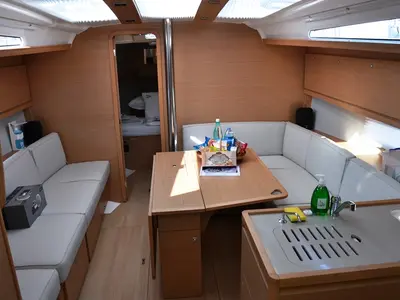 Salon of Cordelia, a Dufour 390 Grand Large sailboat at Marmaris, Turkey