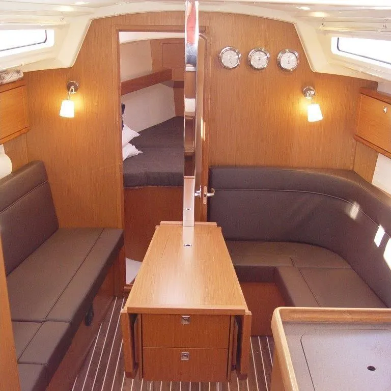 Salon of Merak, a Bavaria Cruiser 34 sailboat at Olbia, Italy