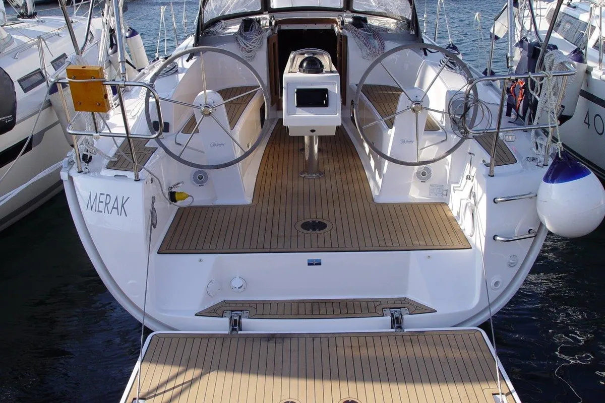 Cockpit of Merak, a Bavaria Cruiser 34 sailboat at Olbia, Italy