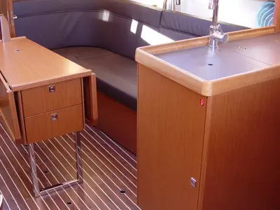 Salon of Merak, a Bavaria Cruiser 34 sailboat at Olbia, Italy