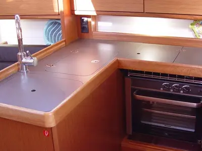 Galley of Merak, a Bavaria Cruiser 34 sailboat at Olbia, Italy