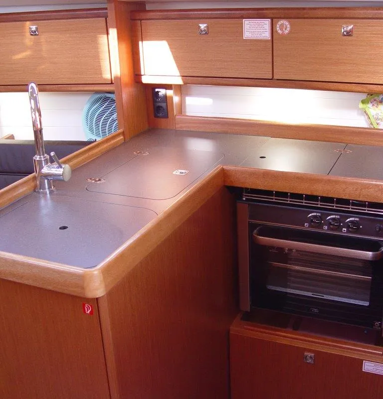 Galley of Merak, a Bavaria Cruiser 34 sailboat at Olbia, Italy