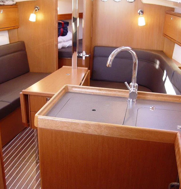 Salon of Merak, a Bavaria Cruiser 34 sailboat at Olbia, Italy