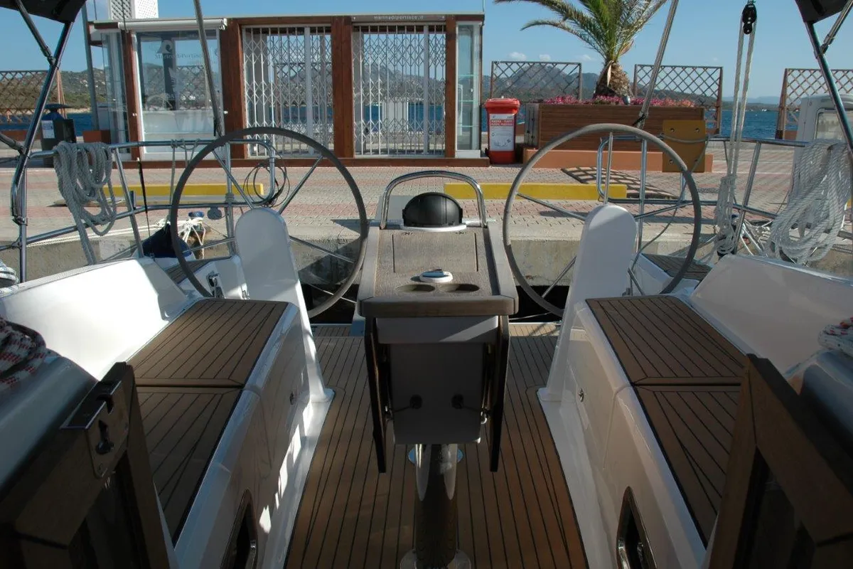 Cockpit of Merak, a Bavaria Cruiser 34 sailboat at Olbia, Italy