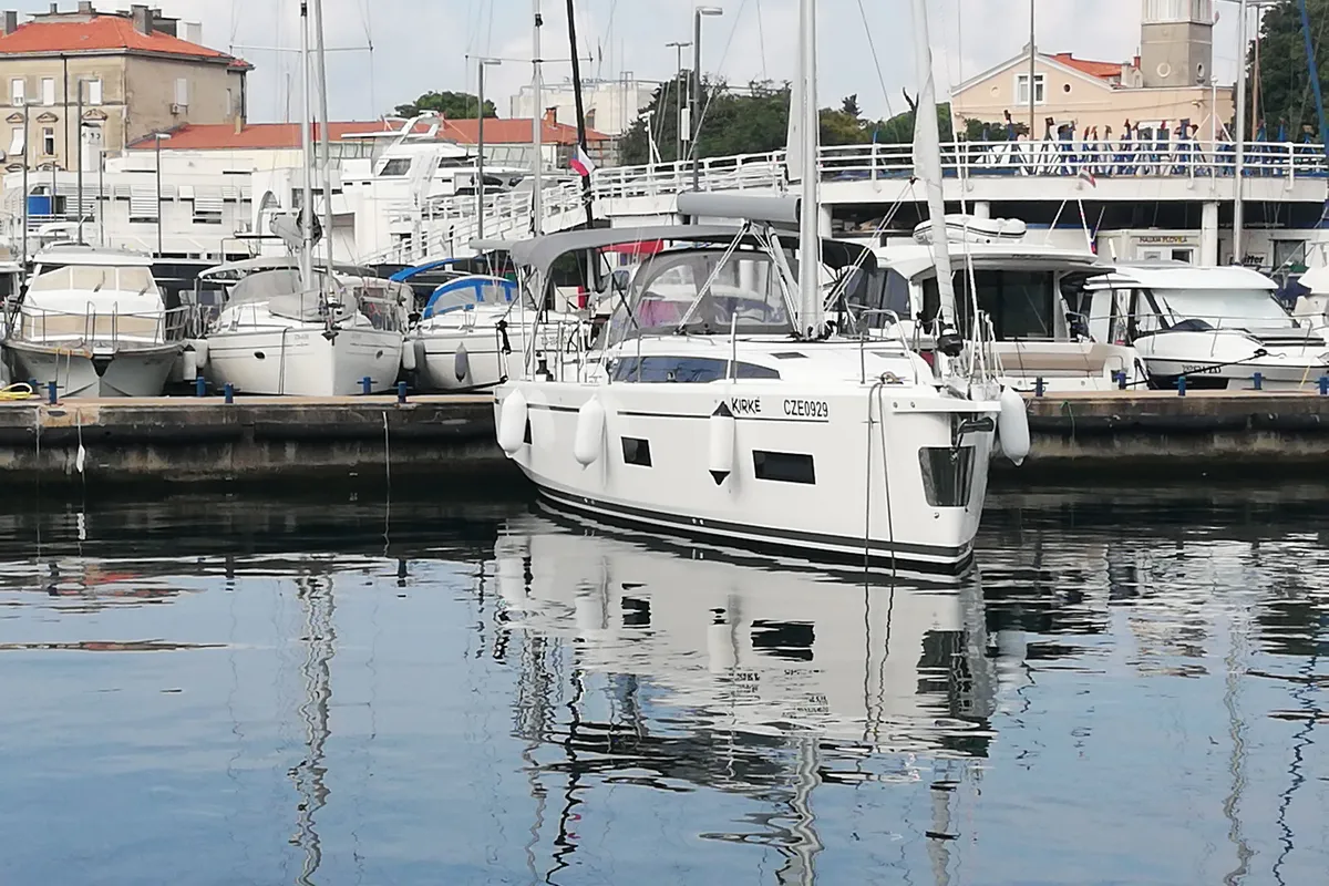 Exterior view of Kirke, a Bavaria C38 sailboat at Zadar, Croatia