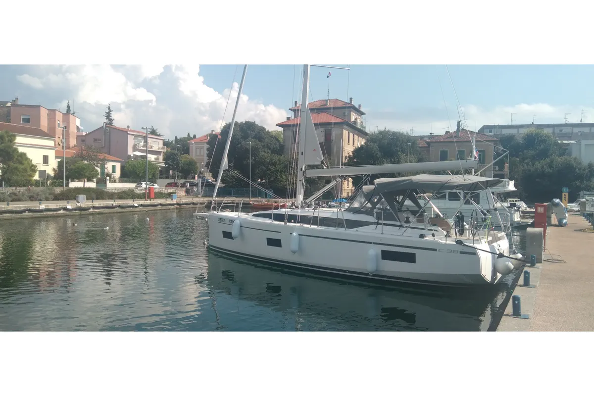 Exterior view of Kirke, a Bavaria C38 sailboat at Zadar, Croatia