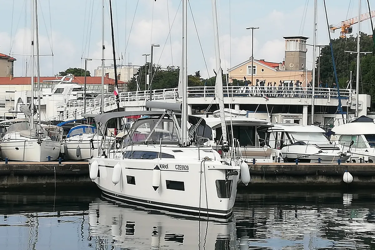 Exterior view of Kirke, a Bavaria C38 sailboat at Zadar, Croatia