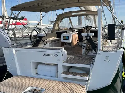 Cockpit of Amodiño, a Dufour 430 sailboat at Baiona, Spain