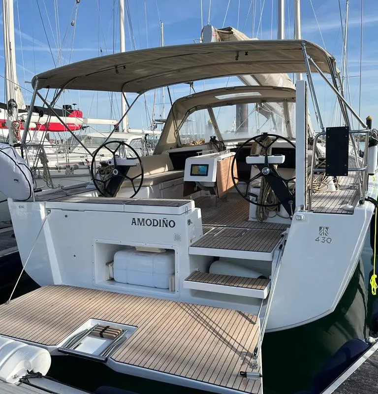 Cockpit of Amodiño, a Dufour 430 sailboat at Baiona, Spain