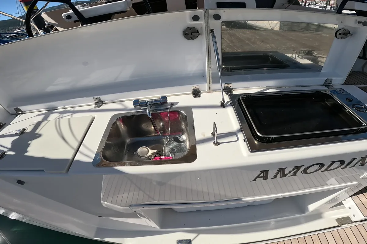 Deck of Amodiño, a Dufour 430 sailboat at Baiona, Spain