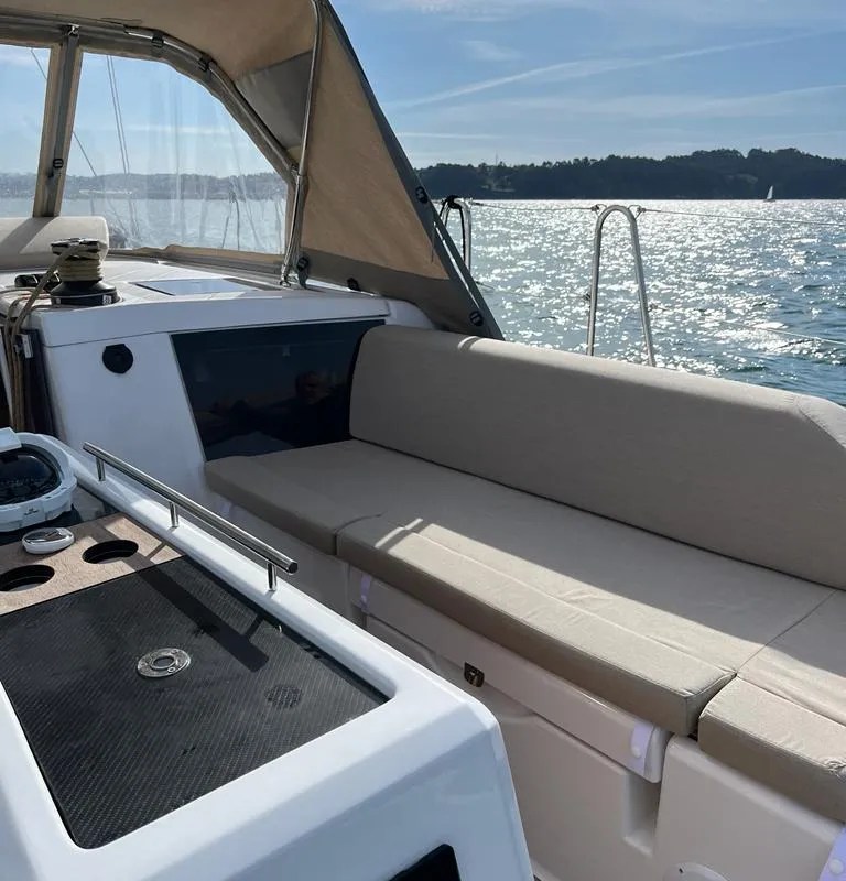 Deck of Amodiño, a Dufour 430 sailboat at Baiona, Spain