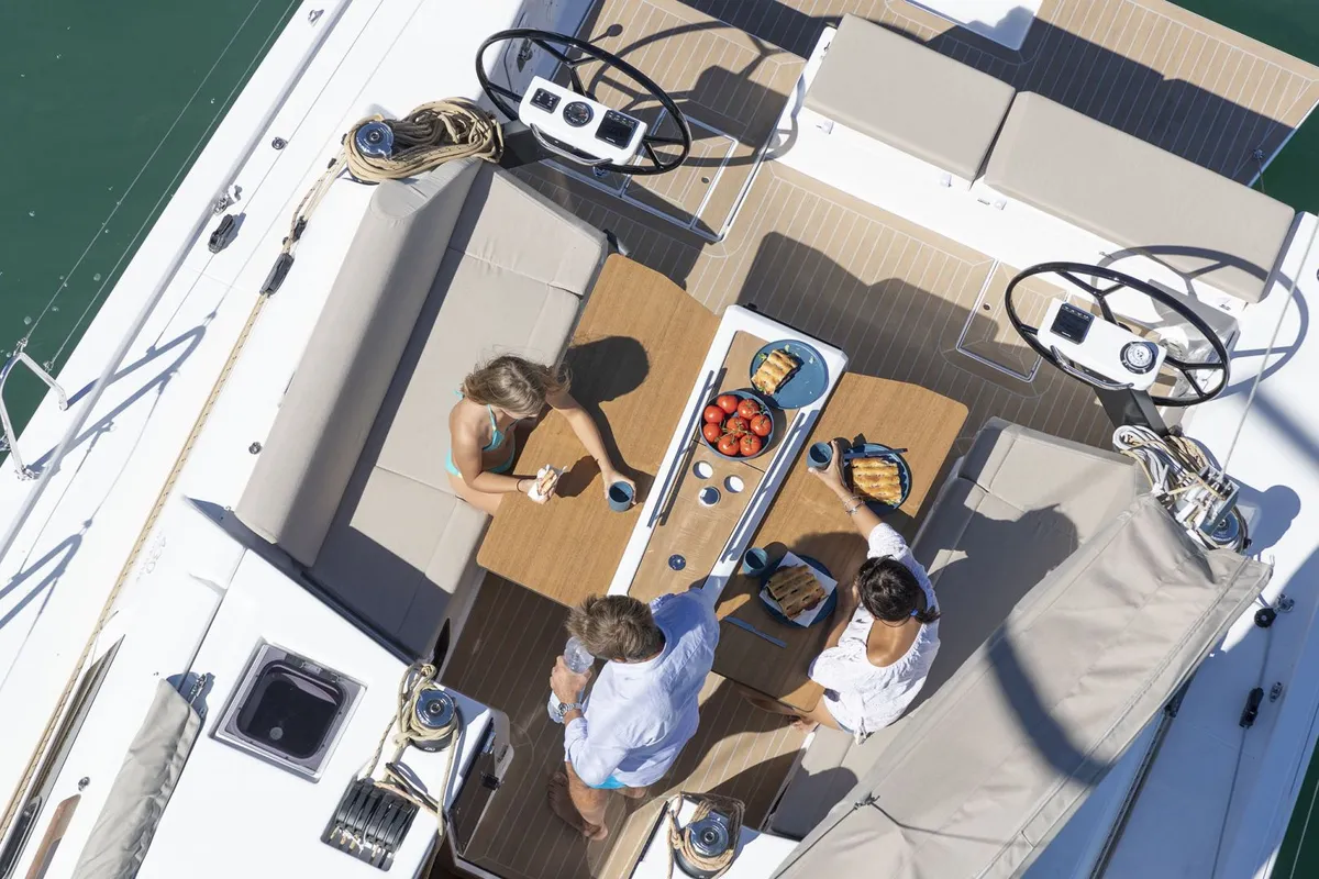 Deck of Amodiño, a Dufour 430 sailboat at Baiona, Spain
