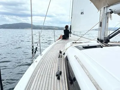 Deck of Amodiño, a Dufour 430 sailboat at Baiona, Spain