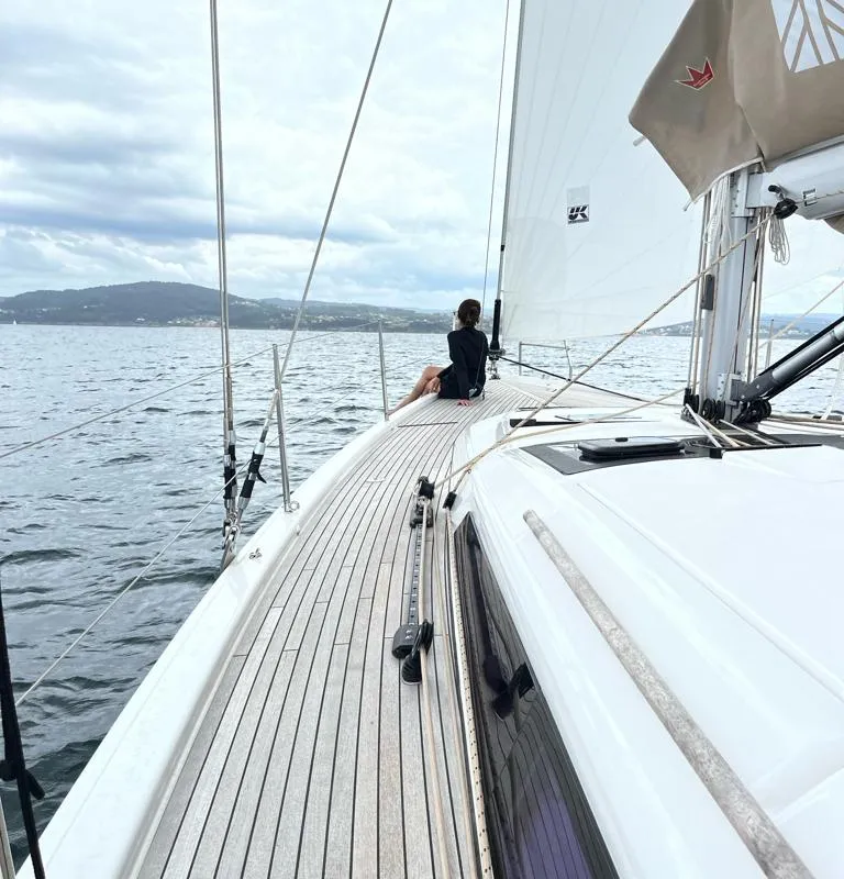 Deck of Amodiño, a Dufour 430 sailboat at Baiona, Spain