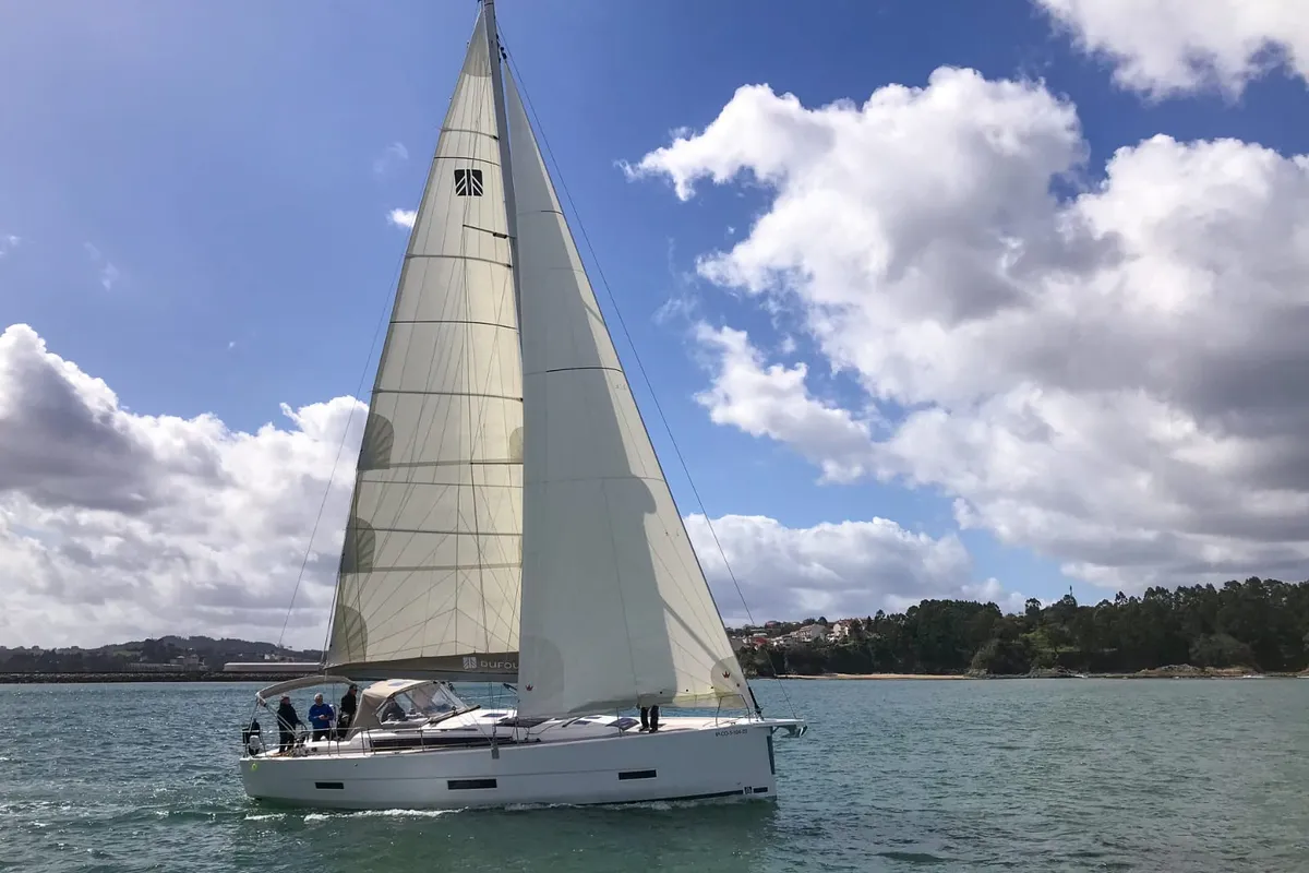 Exterior view of Amodiño, a Dufour 430 sailboat at Baiona, Spain