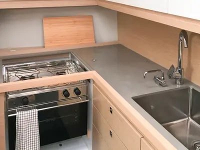 Galley of Amodiño, a Dufour 430 sailboat at Baiona, Spain