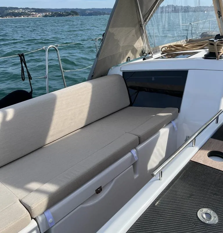 Deck of Amodiño, a Dufour 430 sailboat at Baiona, Spain