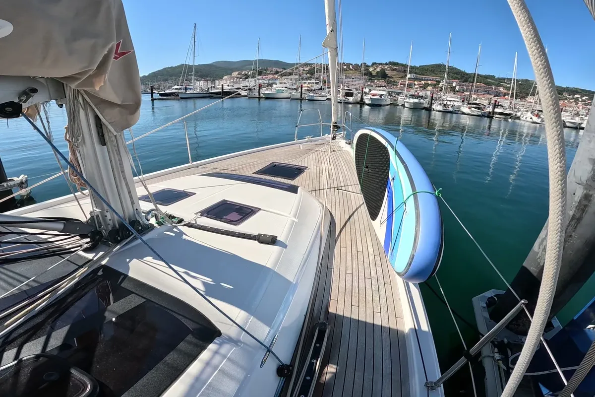 Deck of Amodiño, a Dufour 430 sailboat at Baiona, Spain