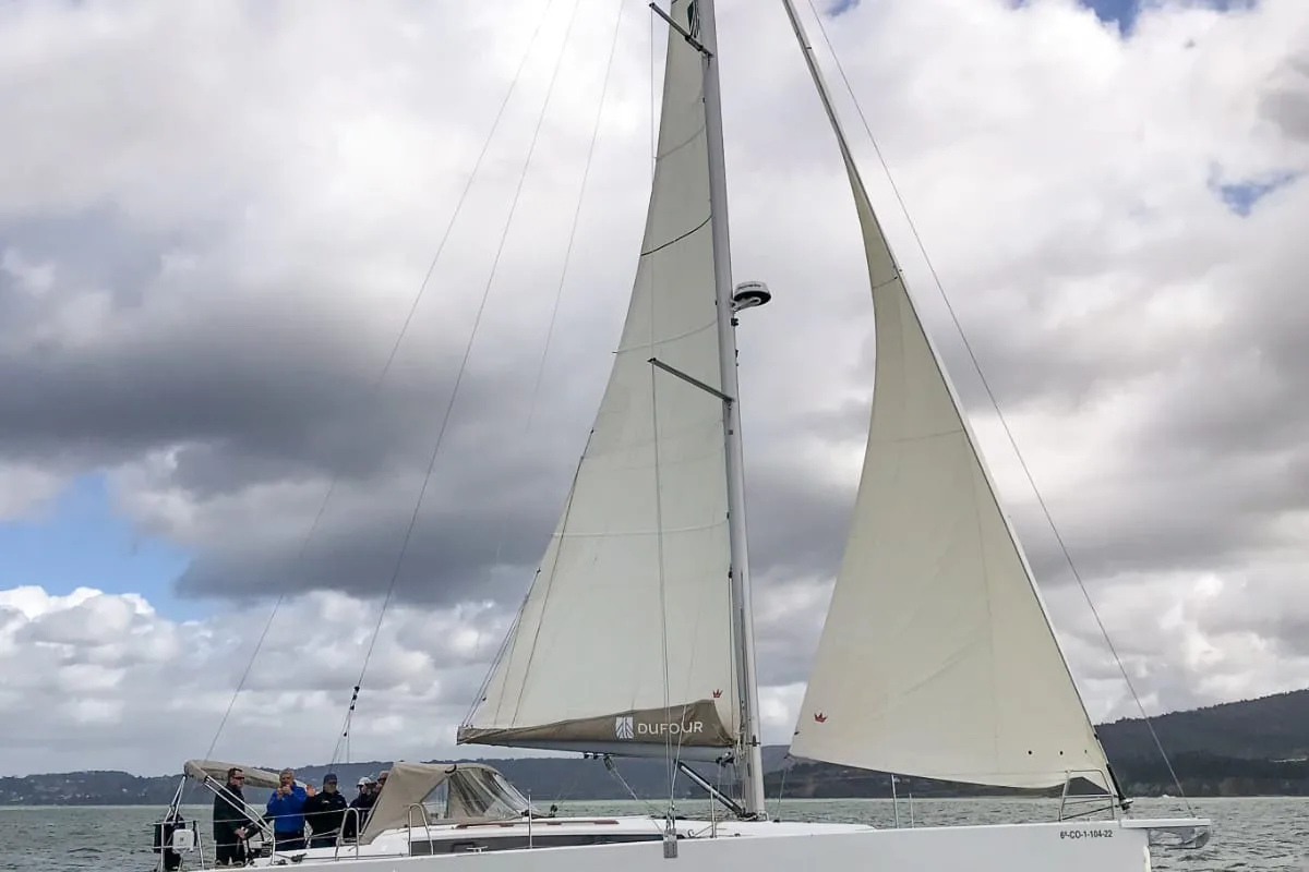 Exterior view of Amodiño, a Dufour 430 sailboat at Baiona, Spain