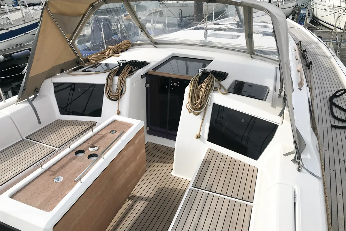 Cockpit of Amodiño, a Dufour 430 sailboat at Baiona, Spain