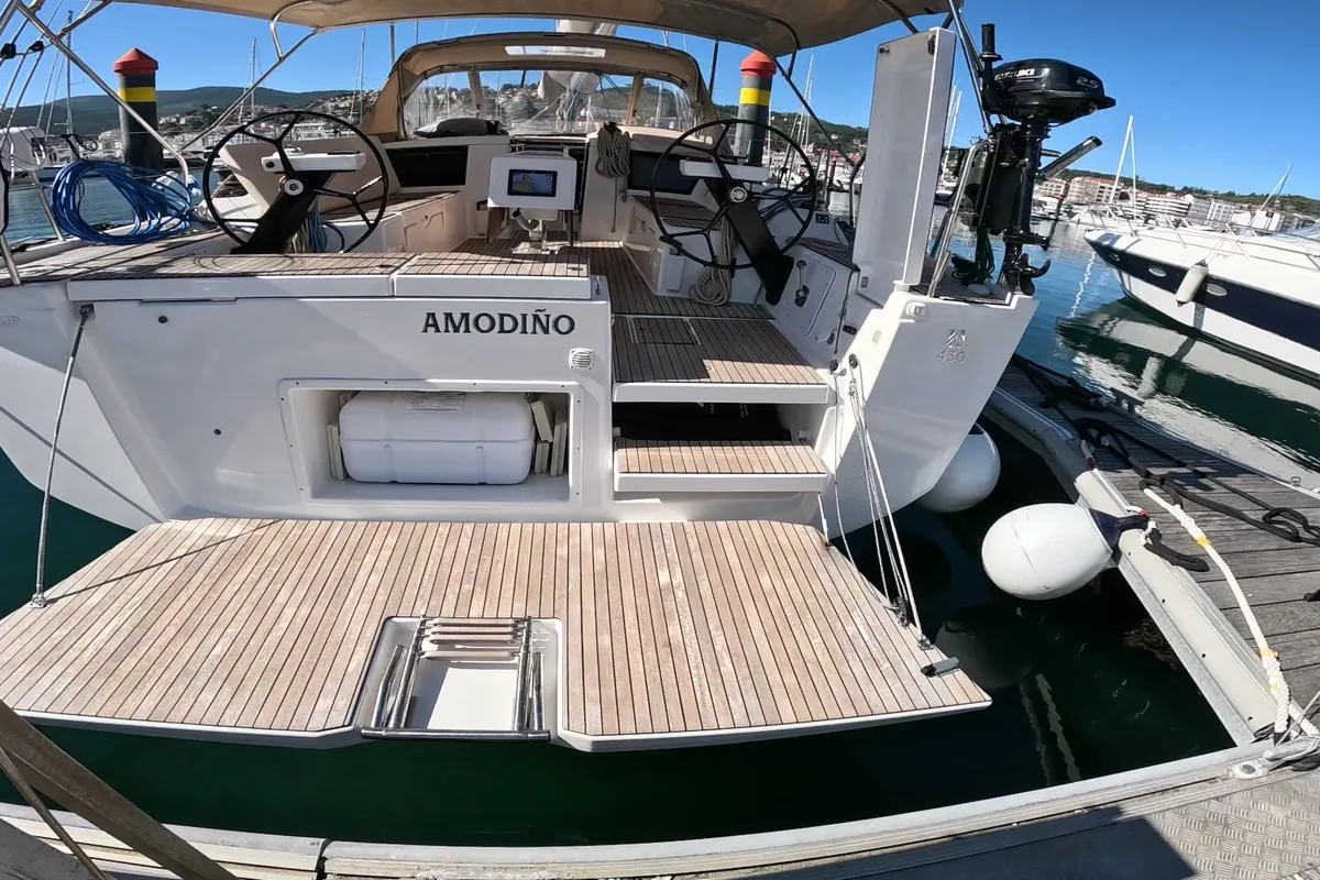 Cockpit of Amodiño, a Dufour 430 sailboat at Baiona, Spain