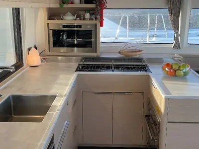 Galley of Sail Away, a Lagoon 46 OW catamaran at Ventimiglia, Italy