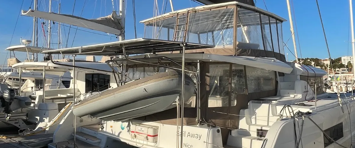Exterior view of Sail Away, a Lagoon 46 OW catamaran at Ventimiglia, Italy