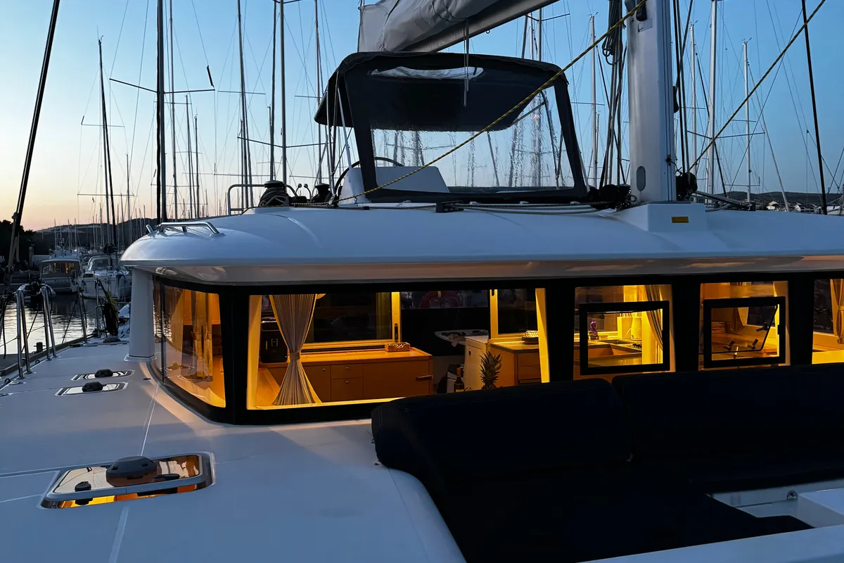 Exterior view of Kat el Mar, a Lagoon 450 Fly catamaran at Općina Rogoznica, Croatia