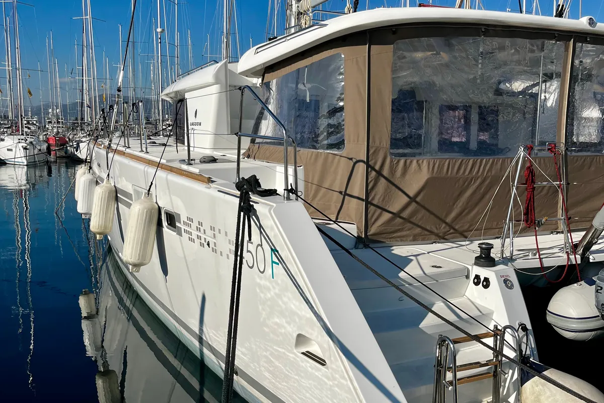 Exterior view of Kat el Mar, a Lagoon 450 Fly catamaran at Općina Rogoznica, Croatia