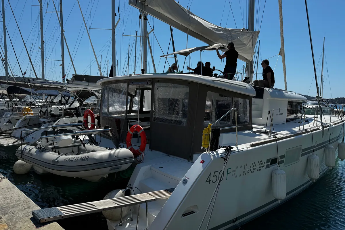 Exterior view of Kat el Mar, a Lagoon 450 Fly catamaran at Općina Rogoznica, Croatia