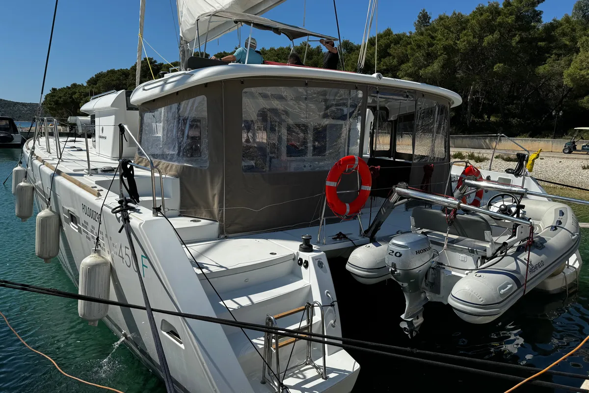 Exterior view of Kat el Mar, a Lagoon 450 Fly catamaran at Općina Rogoznica, Croatia