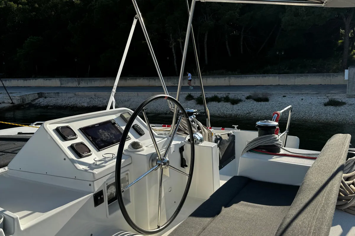 Cockpit of Kat el Mar, a Lagoon 450 Fly catamaran at Općina Rogoznica, Croatia