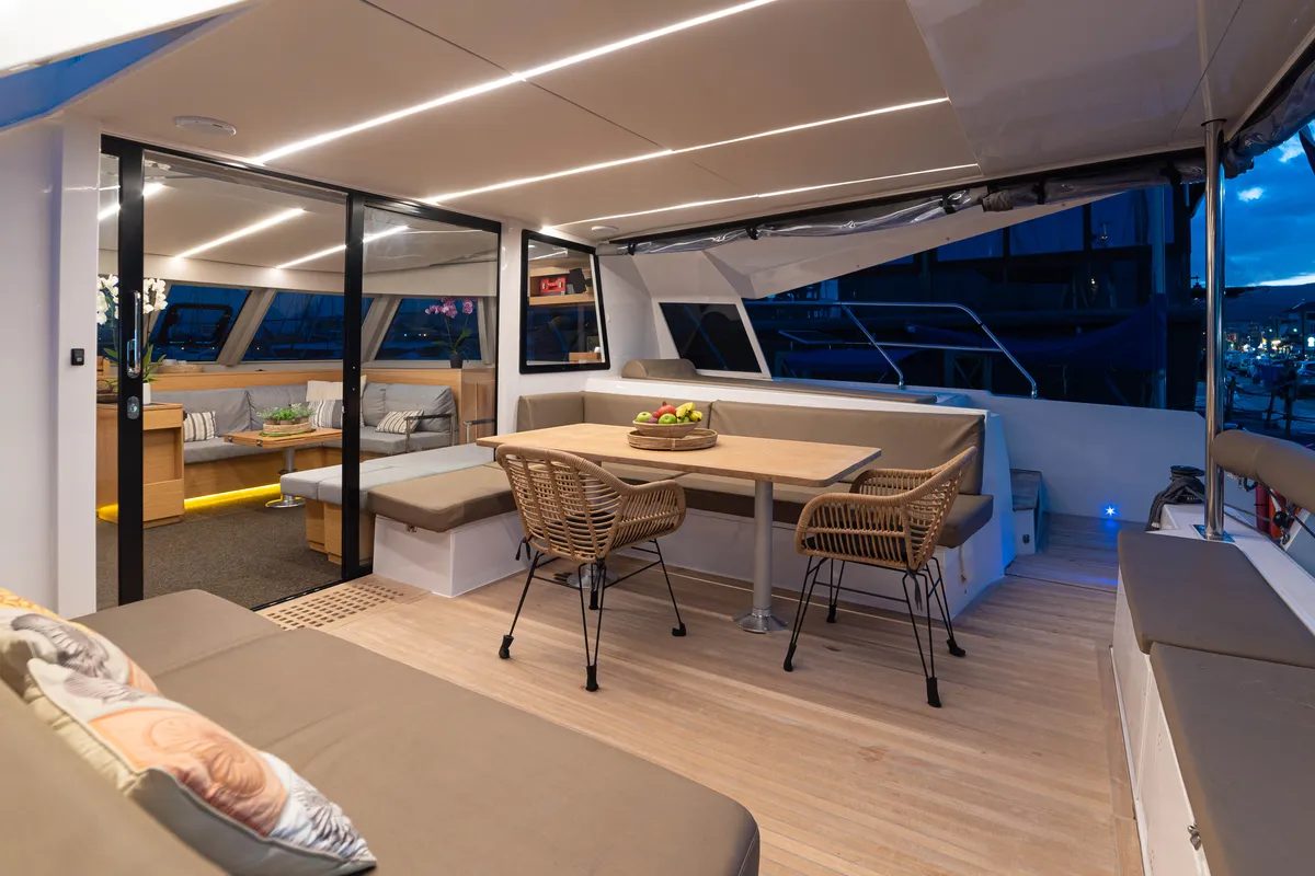 Deck of AG Princess, a Bavaria Nautitech 47 Power catamaran at Municipal Unit of Lefkada, Greece