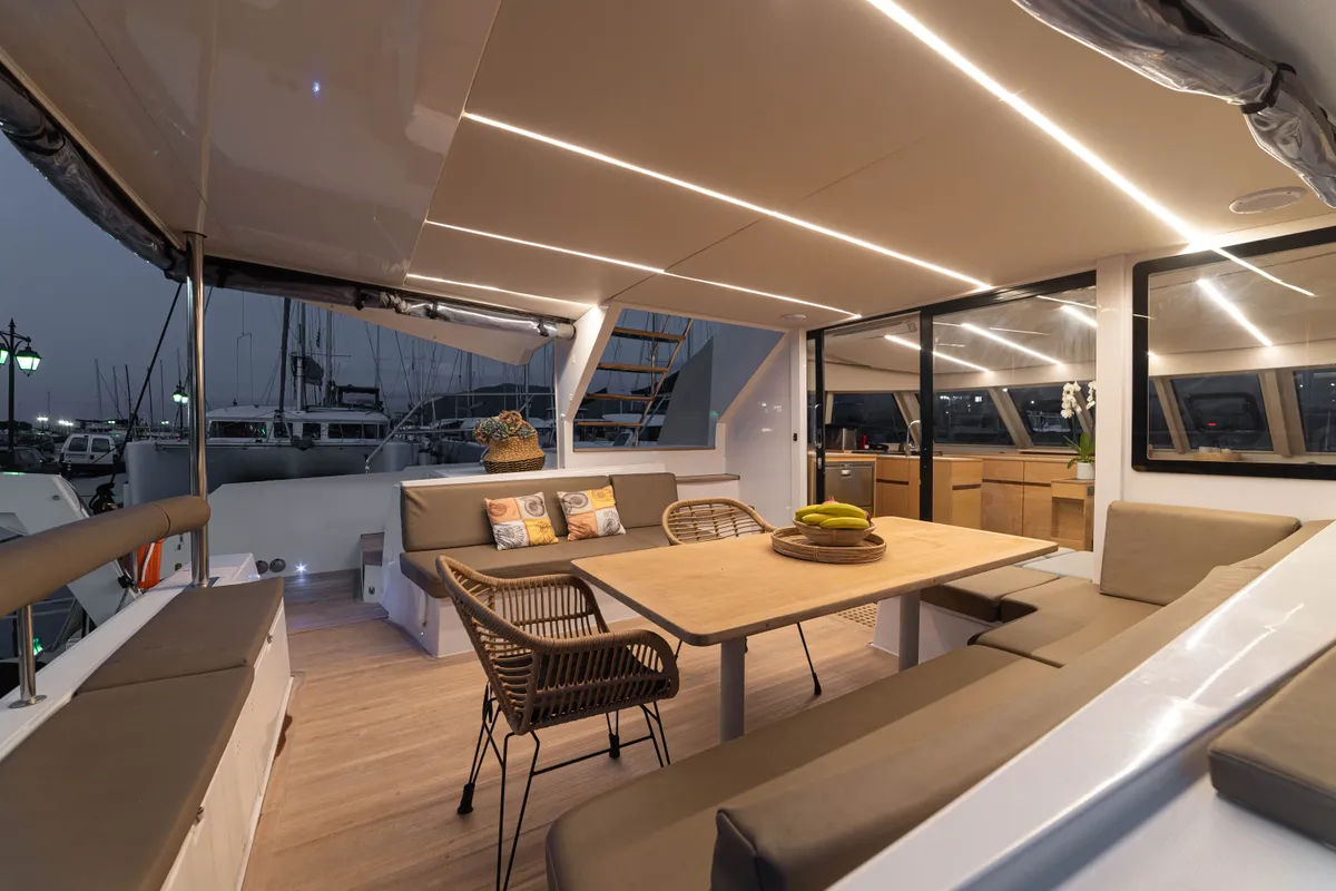 Deck of AG Princess, a Bavaria Nautitech 47 Power catamaran at Municipal Unit of Lefkada, Greece