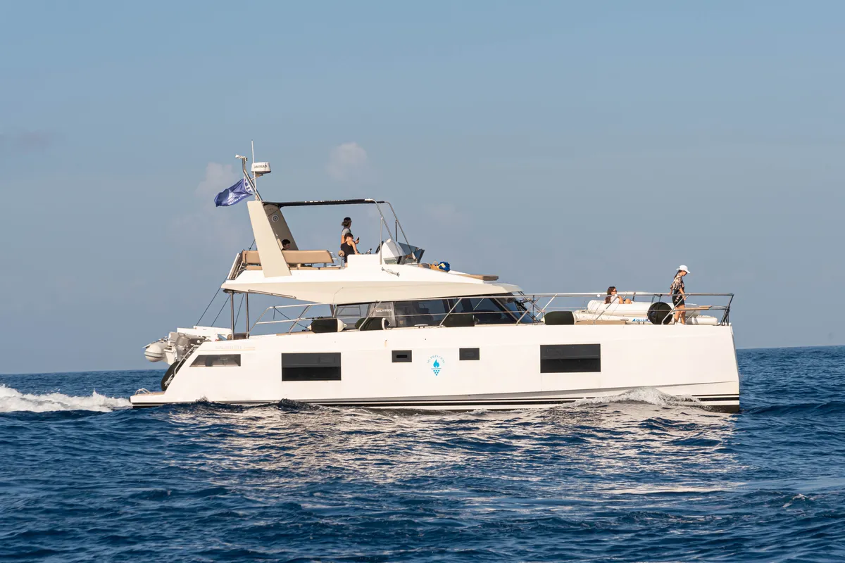 Exterior view of AG Princess, a Bavaria Nautitech 47 Power catamaran at Municipal Unit of Lefkada, Greece
