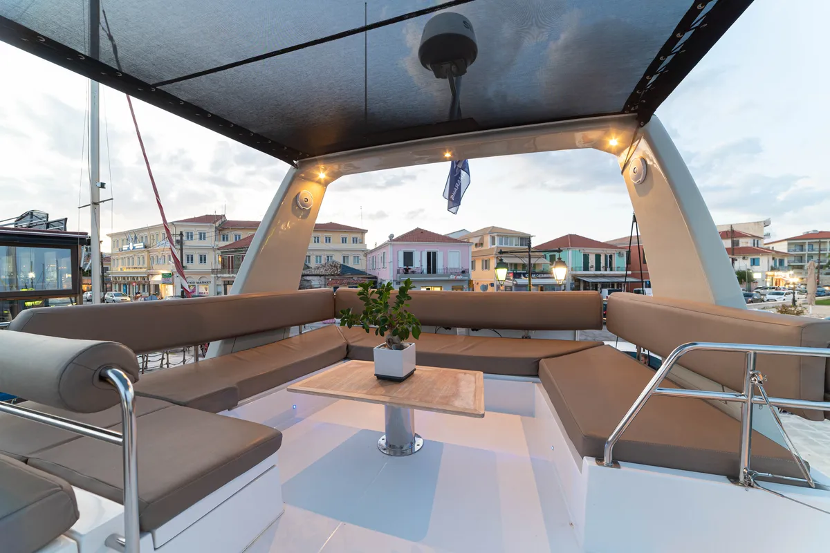 Deck of AG Princess, a Bavaria Nautitech 47 Power catamaran at Municipal Unit of Lefkada, Greece
