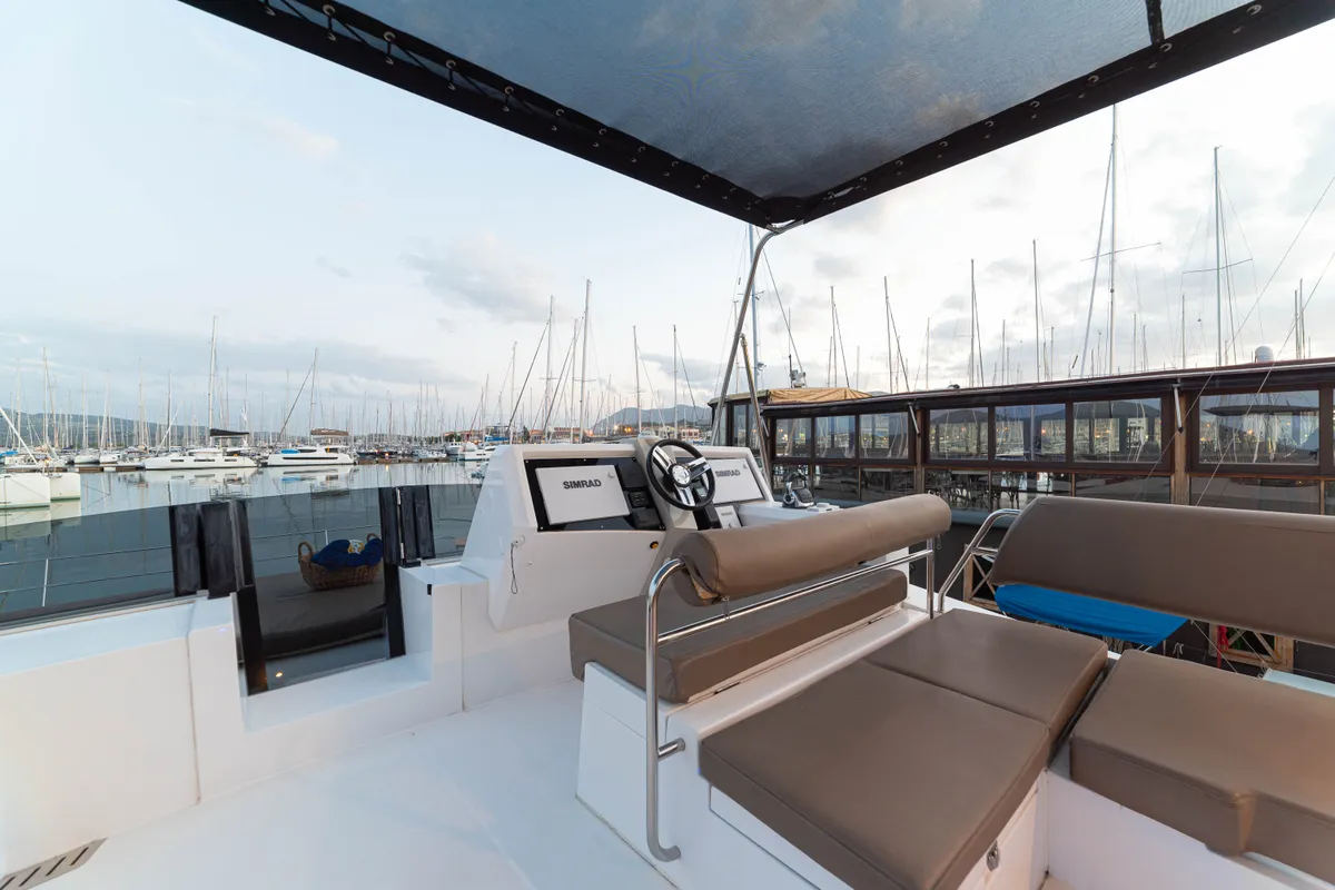 Cockpit of AG Princess, a Bavaria Nautitech 47 Power catamaran at Municipal Unit of Lefkada, Greece