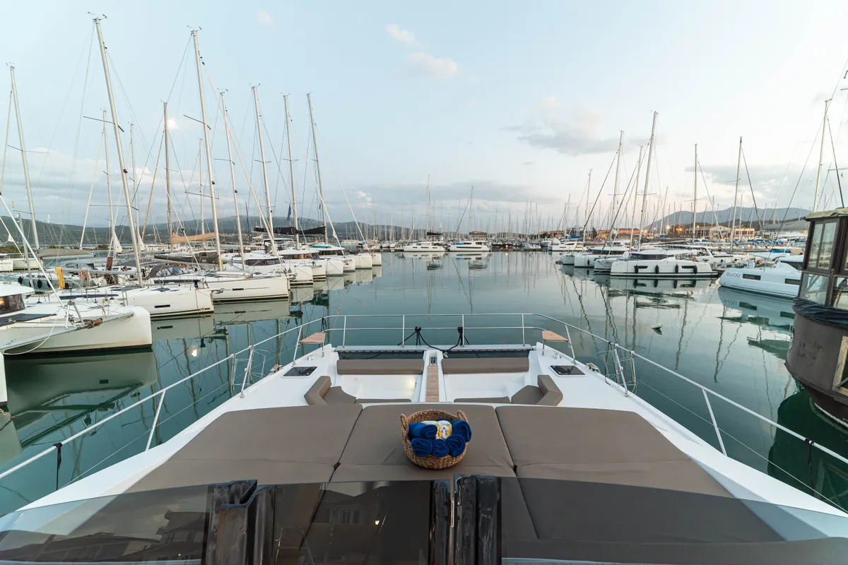 Deck of AG Princess, a Bavaria Nautitech 47 Power catamaran at Municipal Unit of Lefkada, Greece