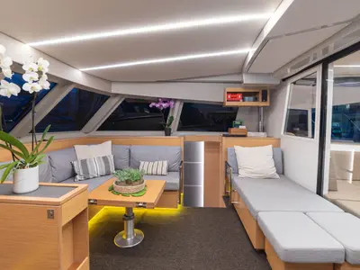 Salon of AG Princess, a Bavaria Nautitech 47 Power catamaran at Municipal Unit of Lefkada, Greece