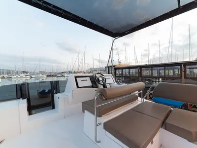 Cockpit of AG Princess, a Bavaria Nautitech 47 Power catamaran at Municipal Unit of Lefkada, Greece