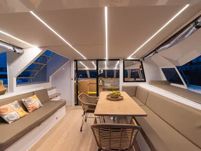 Deck of AG Princess, a Bavaria Nautitech 47 Power catamaran at Municipal Unit of Lefkada, Greece