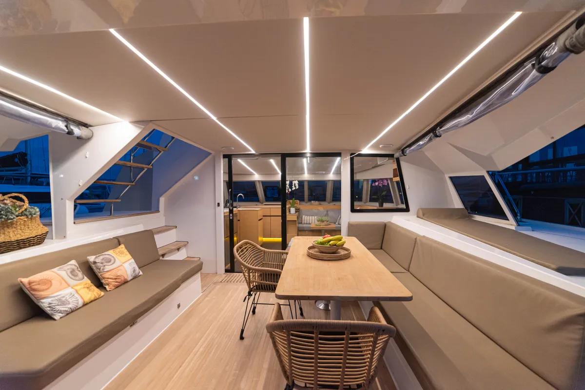 Deck of AG Princess, a Bavaria Nautitech 47 Power catamaran at Municipal Unit of Lefkada, Greece