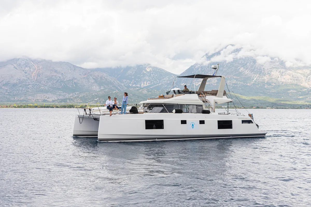 Exterior view of AG Princess, a Bavaria Nautitech 47 Power catamaran at Municipal Unit of Lefkada, Greece