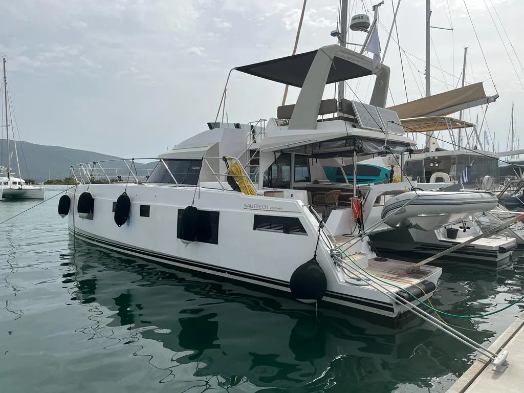 Exterior view of AG Princess, a Bavaria Nautitech 47 Power catamaran at Municipal Unit of Lefkada, Greece