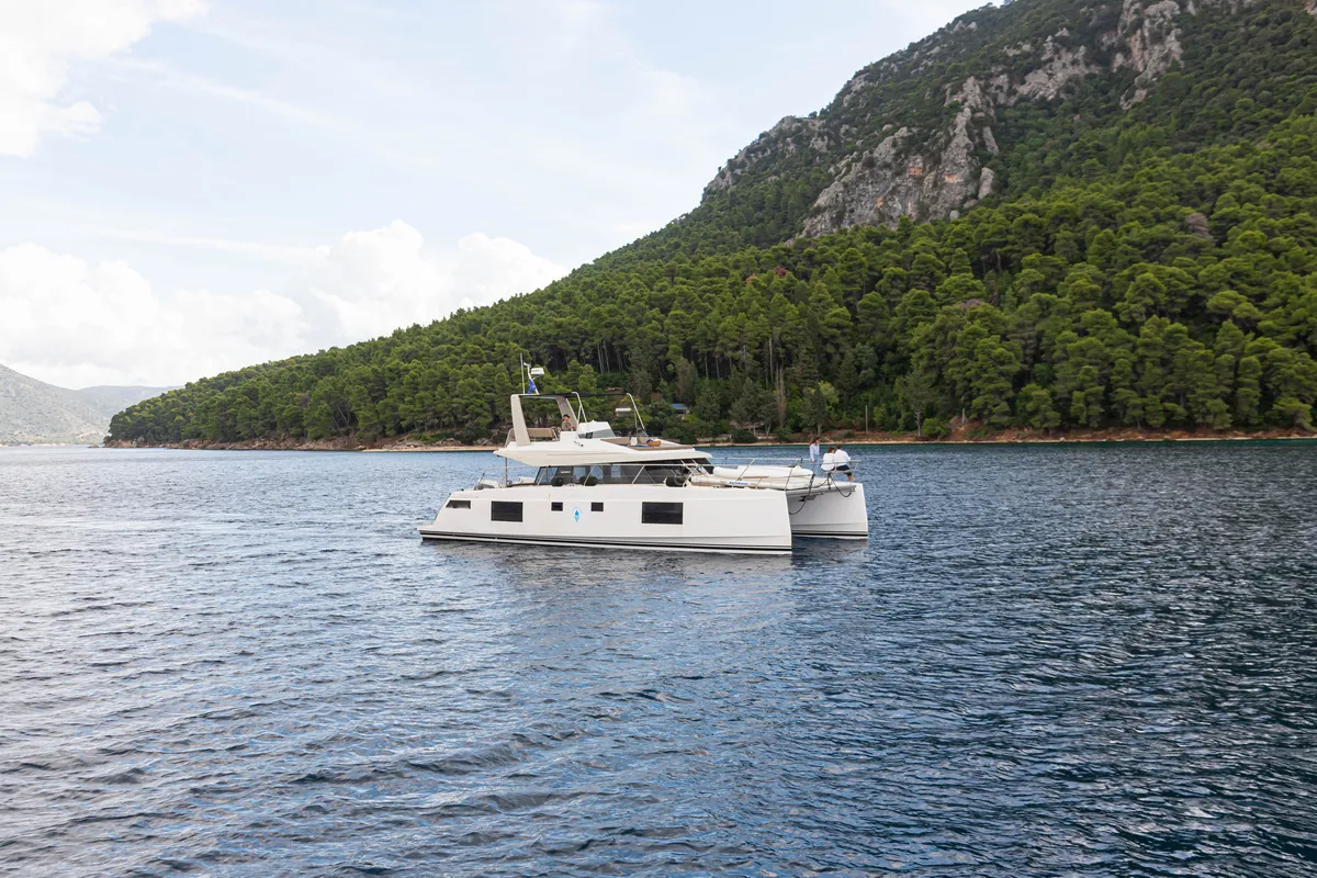 Exterior view of AG Princess, a Bavaria Nautitech 47 Power catamaran at Municipal Unit of Lefkada, Greece
