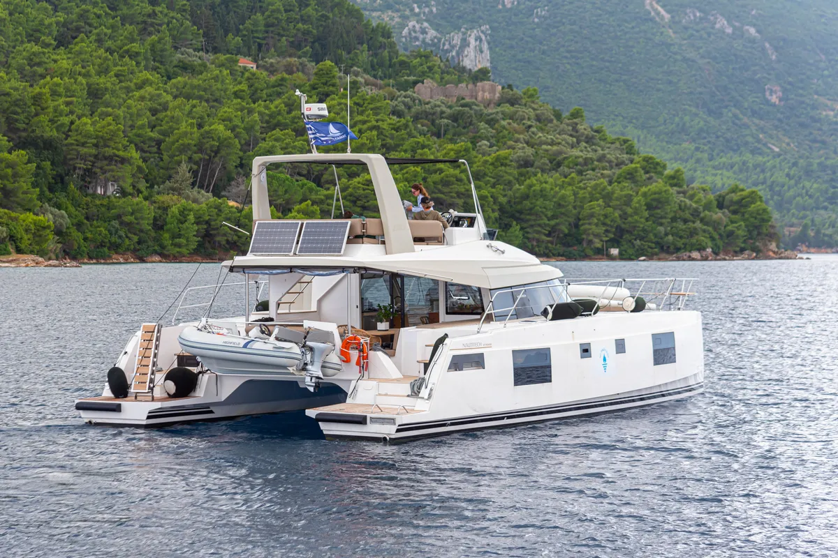 Exterior view of AG Princess, a Bavaria Nautitech 47 Power catamaran at Municipal Unit of Lefkada, Greece
