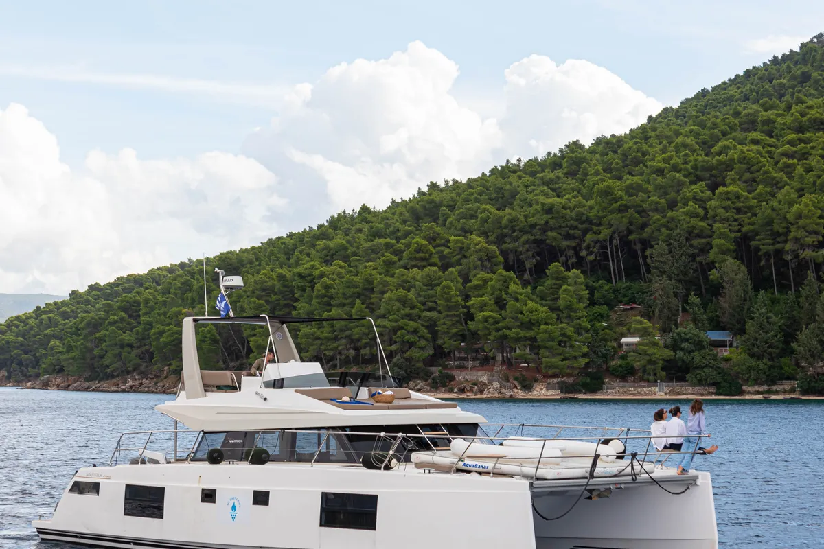 Exterior view of AG Princess, a Bavaria Nautitech 47 Power catamaran at Municipal Unit of Lefkada, Greece